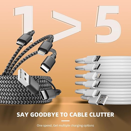 Multi Charging Cable 5 in 1, 2Pack 5FT USB C/A Multi Charger Cable to Type-C/Micro USB Port, Nylon Braided USB C Multiple Charger Cord for All Devices, Universal Phone Charger Cord for Cell Phones