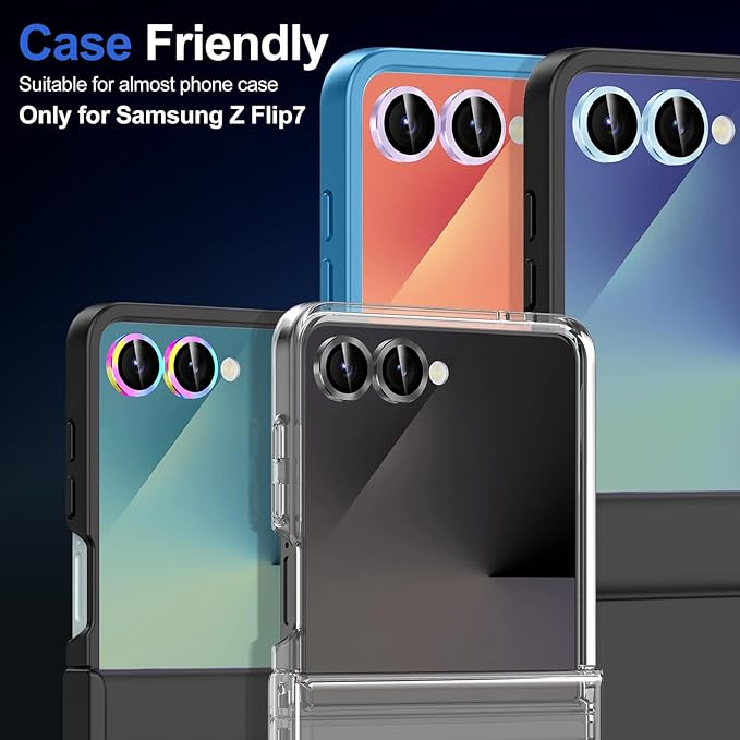 for Samsung Galaxy Z Flip 7 Camera Lens Protector, Individual Metal Ring Tempered Glass Lens Cover, [Strong Adsorption] Scratch Resistant Ultra-Thin HD Clear Lens Cover, 1 Set-Black