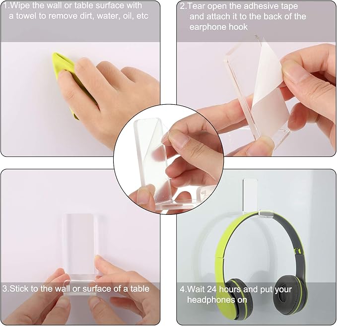 Weewooday 4 Pieces Headphone Hanger Holder Desk Adhesive Headphone Hook Wall Mount Headset Stand Acrylic Holder with Glues for General Purpose Game Earphone(Clear)