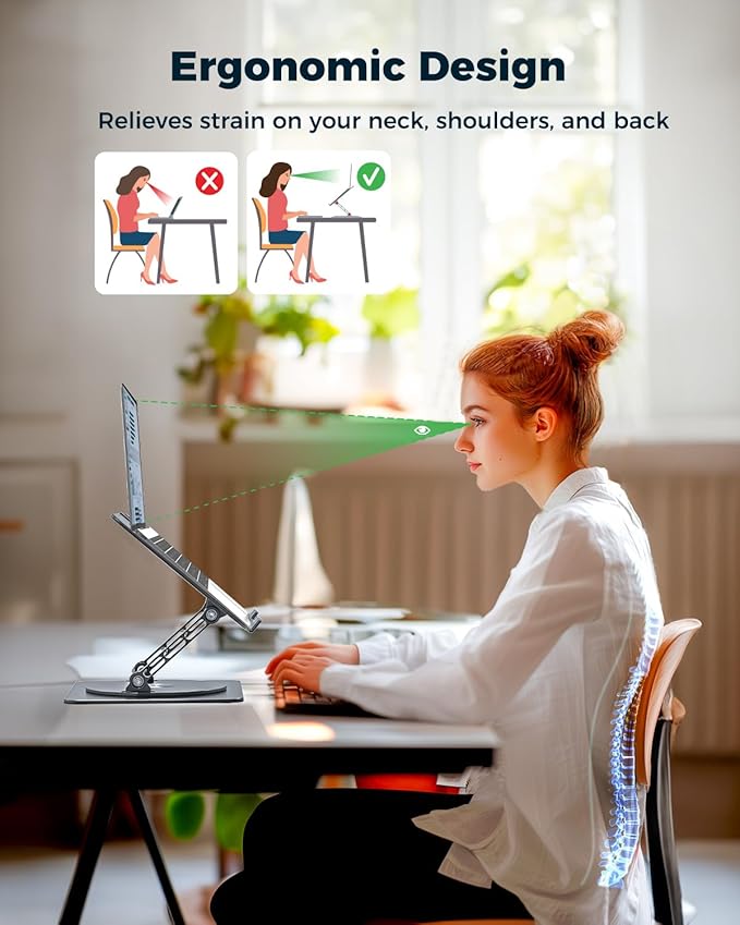 Adjustable Laptop Stand for Desk - Portable Laptop Riser with Rotating Base, Foldable Aluminum Computer Stand, Ergonomic Laptop Holder for MacBook Pro/Air Dell HP Lenovo Notebook up to 15.6", Gray