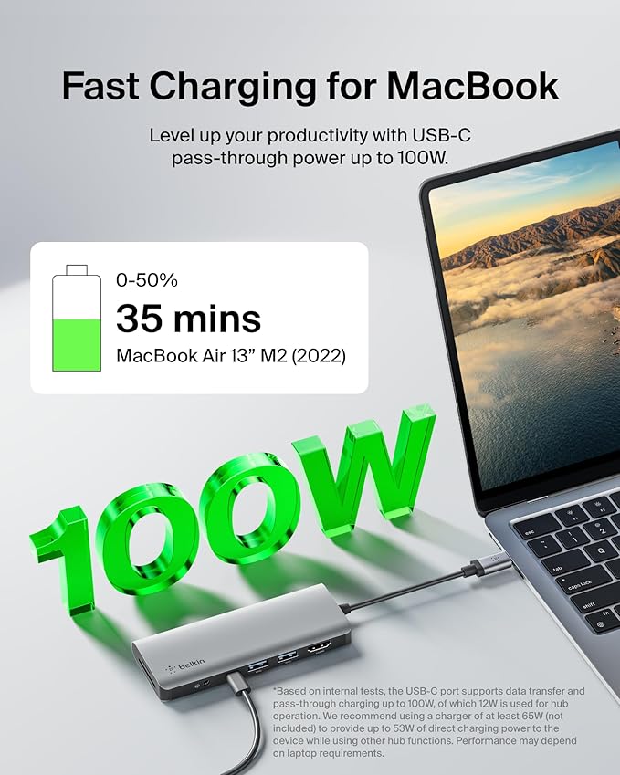 Belkin USB-C Hub, 7-in-1 MultiPort Docking Station for MacBook & Windows - 85W USB-C Power Delivery 3.0, 4K HDMI 1.4, 2x USB-A 3.0, SD 3.0, Micro SD 3.0, & 3.5mm Audio Jack
