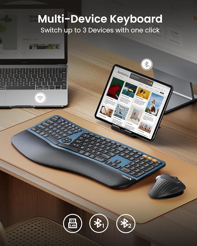 ProtoArc Backlit Bluetooth Ergonomic Keyboard, EK01 Plus Full Size Wireless Split Keyboard with Dual Bluetooth and USB, Cushioned Wrist Rest, Rechargeable, Compatible with Windows/Mac/Android, Blue