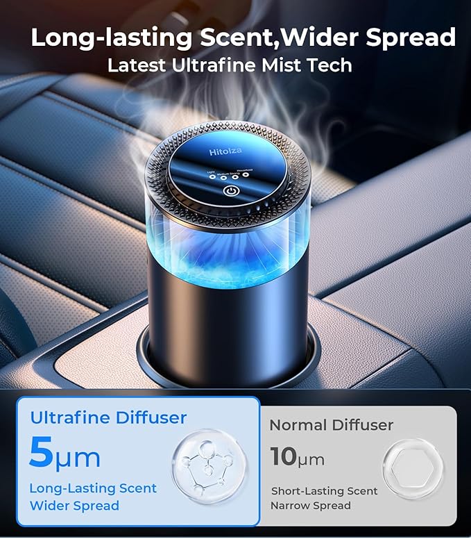 Smart Car Air Fresheners, Ambient Light & Mist Fragrance, Auto On/Off Car Air Freshener Diffuser, Adjustable Intensity, Lasts 6 Months, Built-in Battery, Premium Scents Refill X2 - Coconut