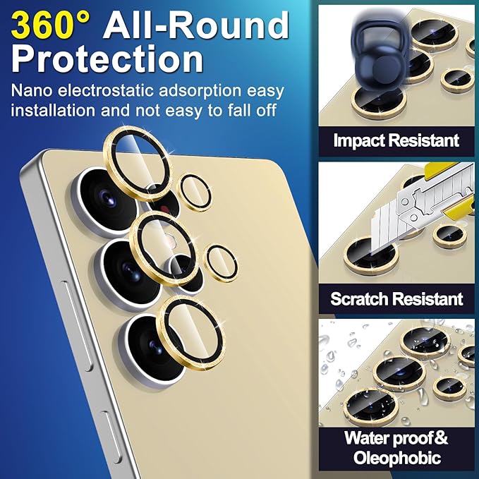 for Samsung Galaxy S25 Ultra Camera Lens Protector, Individual Metal Ring Tempered Glass Lens Cover, [Strong Adsorption] Scratch Resistant Ultra-Thin HD Clear Lens Cover, 1 Set-Gold Sparkly