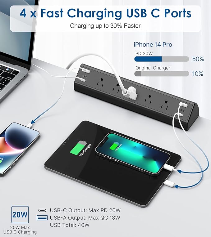 Desk Clamp Power Strip USB C,Under Desk Mount Power Station,20W Fast Charging,Fits 1.9'' Tabletop Edge,Desk Surge Protector,Perfect Home,Office Supplies (Black, 5 Outlets & 6 USB Ports & 20 FT Cable)