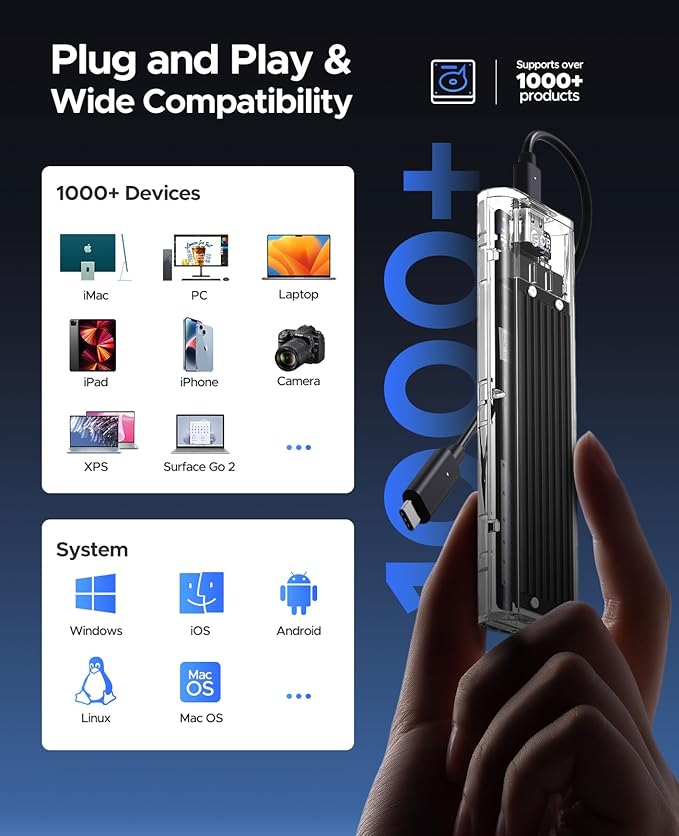 ORICO M.2 NVMe SSD Enclosure, USB 3.2 Gen 2 (10 Gbps), Transparent External Solid State Drive Adapter Enclosure for 2280 2260 2242 2230 PCI-E M2 M-Key SSD, USB Type C Converter Case-TCM2 Black