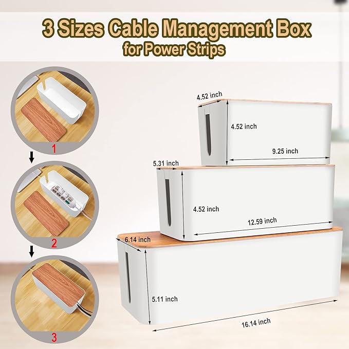 Cable Management Box 3 Pack with 125PCS Cable Management Kit for Power Strip to Hide Wires,Cord Organizer Boxes,Safe ABS Material Wire Organizer of Cable Clips Sleeve