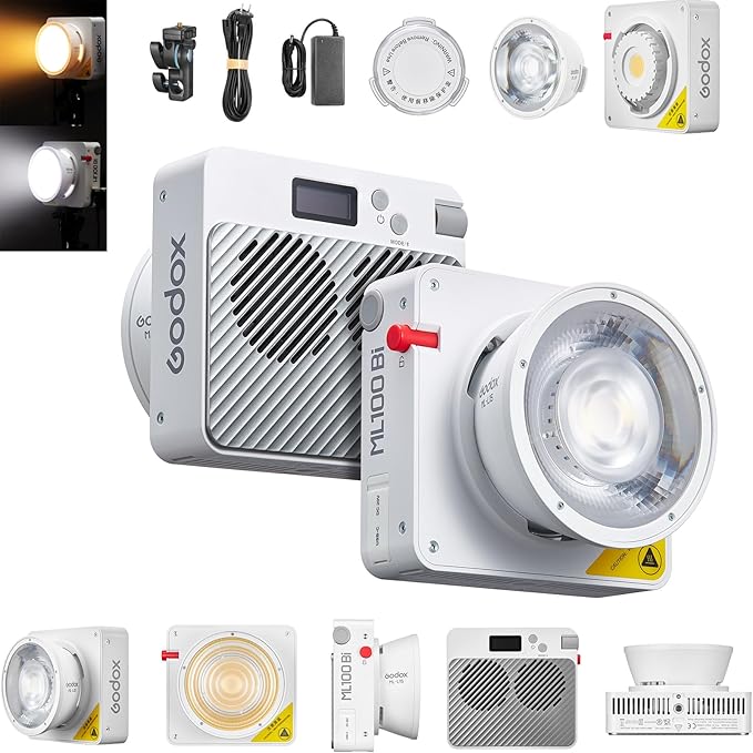 Godox ML100Bi 120W Bi-Color LED Video Light, 2800K-6500K COB Continuous Output Lighting with Reflector, Adapter for Filmmaking, Live Streaming, Video and Studio Photography