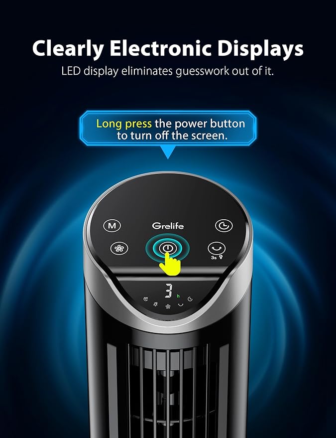 Grelife 13" Electronic Tower Fan with Remote Control, 3 Speed & 3 Modes, 90° Oscillation, LED Display, 7.5H Timer, Quiet Bladeless Cooling – Portable Space-Saving for Bedroom Office, Home