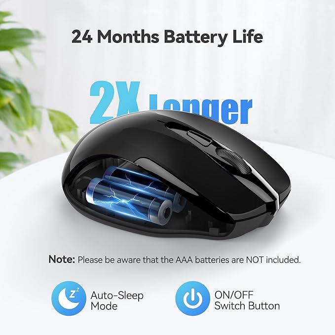 TECKNET Wireless Mouse, 2.4G Ergonomic Optical Mouse, Computer Mouse for Laptop, PC, Computer, Chromebook, Notebook, 6 Buttons, 24 Months Battery Life, 2600 DPI, 5 Adjustment Levels, for Small Hand