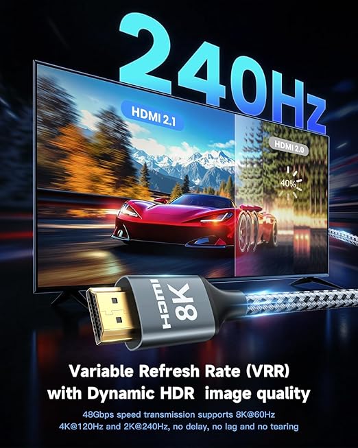 ARISKEEN 8K HDMI Cable 20FT, 48Gbps High Speed HDMI 2.1 Cable, 8K 60Hz, 4K 120Hz 144Hz Support for HDR 10, HDCP 2.2 2.3, eARC, DTS:X, Braided HDMI Cord Compatible with Laptop/HDTV/Monitor - 20 Feet