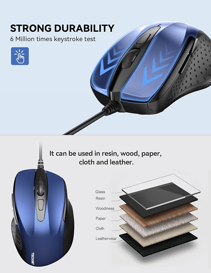 TECKNET USB Wired Mouse, 6-Button Corded Mouse with 4 Adjustable DPI, Optical Computer Mouse with Ergonomic Design and 5FT Cord for Laptop, Chromebook, PC, Desktop, Mac, Notebook-Blue