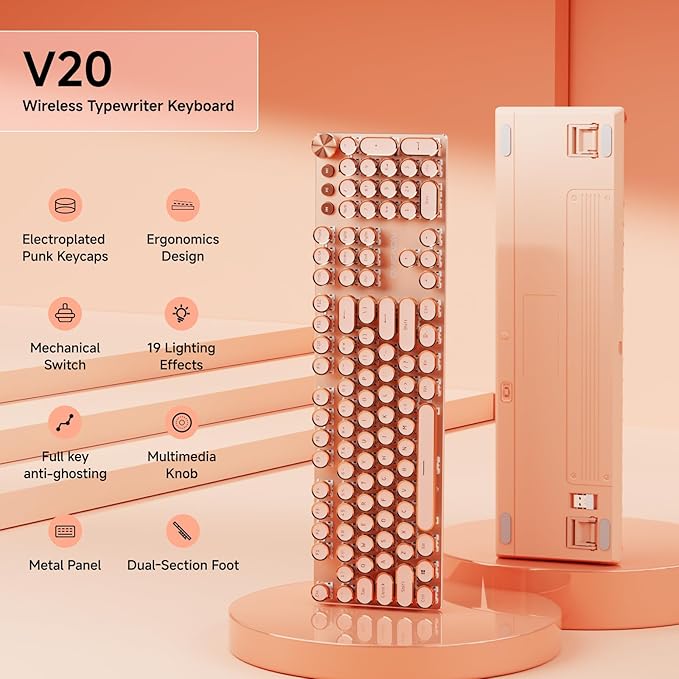 EWEADN V20 Typewriter Keyboard Wireless, 104 Keys Typewriter Style Mechanical with White Backlit, Media Knob, Pink Switch 2.4G/Bluetooth/USB-C Wired Retro Full Size Keyboard for Windows/Mac/PC-Pink