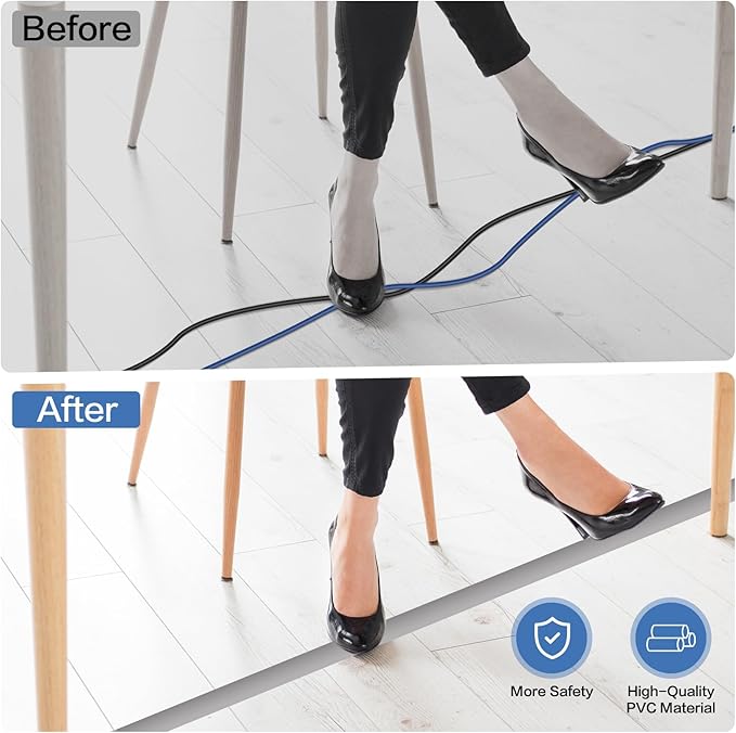 Floor Cord Cover Self Adhesive Cord Hider Floor Extension Cord Covers for Floor Power Cord Protector Cable Management Prevent Cable Trips Cable Cavity 0.59" W x 0.31" H (Grey, 10Ft)