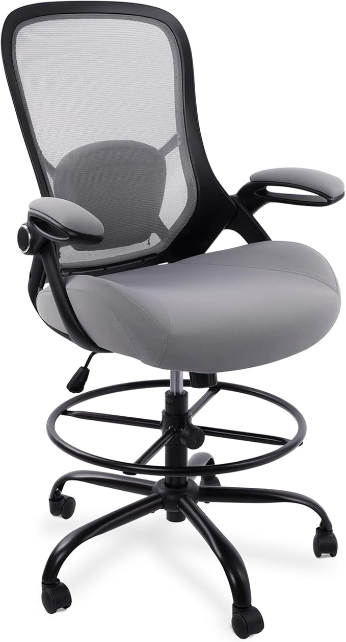 HYLONE 400lbs Heavy Duty Drafting Chair 5" Thickened Seat Office Chair with Flip-Up Armrests Tall Ergonomic Computer Chair with Lumbar Support and Adjustable Footrest Ring Standing Desk Chair(Grey)