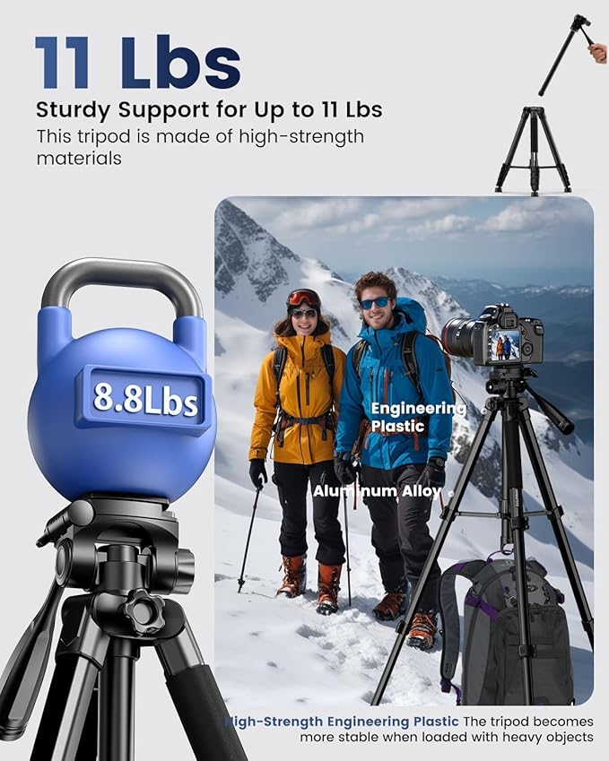 73" Camera Tripod and Monopod, Professional Aluminum Tripod Stand for Mirrorless Camera/DSLR/Cell Phone/Camcorder/GoPro, with Phone Holder and Travel Bag (Black)