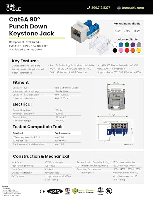 trueCABLE Cat6A Keystone Jack, Unshielded (UTP), 90 Degree Punch-Down, PoE++ (4PPoE), UL Listed, ETL Verified, ANSI/TIA Certified, Modular RJ45 Female, White, 12 Pack