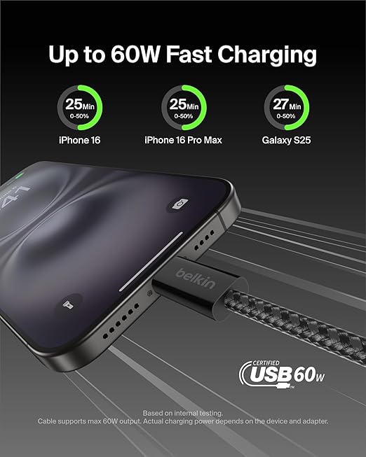 Belkin USB C to USB C Cable, 3.3ft, 60W - Type C Charger, iPhone Charger Cord, Soft, Braided, Flexible for iPhone 16, Galaxy S25, Pixel 9, Airpods, iPad Pro, Tablet & More, Travel Essentials - Black