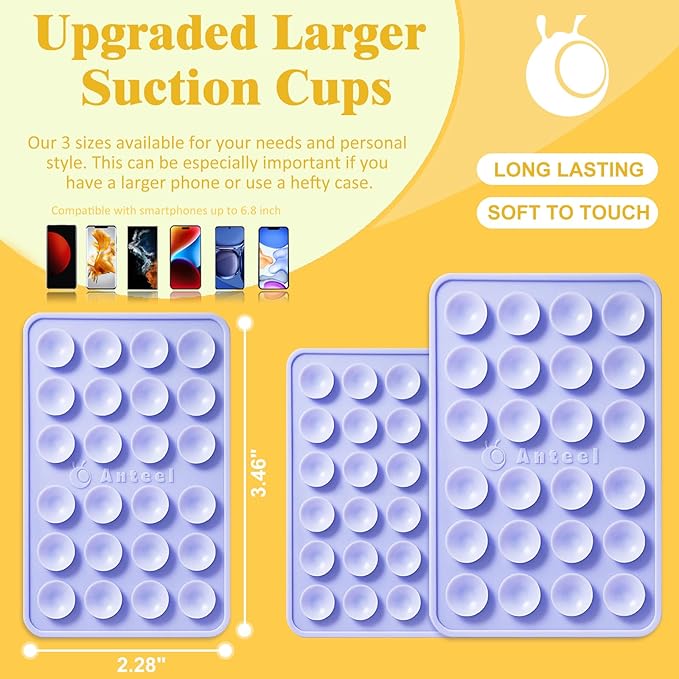 Anteel Medium-Sized Silicone Suction Phone Case Adhesive Mount, Enhanced Suction Power and Upgraded Thickened Sticky Phone Grip, Durable, Hands-Free Sticky Phone Holder, 2.28"x3.46" (WHT&WHT)