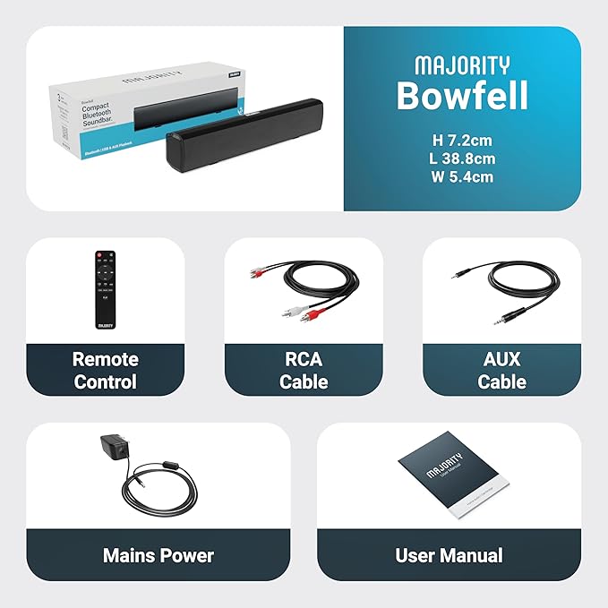 Majority Sound Bar for Smart TV, 50 Watts, 2.0 Bluetooth TV Sound Bar, 15 Inch Home Audio Sound Bars, Small Soundbar for TV and PC | AUX, RCA, Optical, USB | Gaming, Music, Movies - Bowfell Black