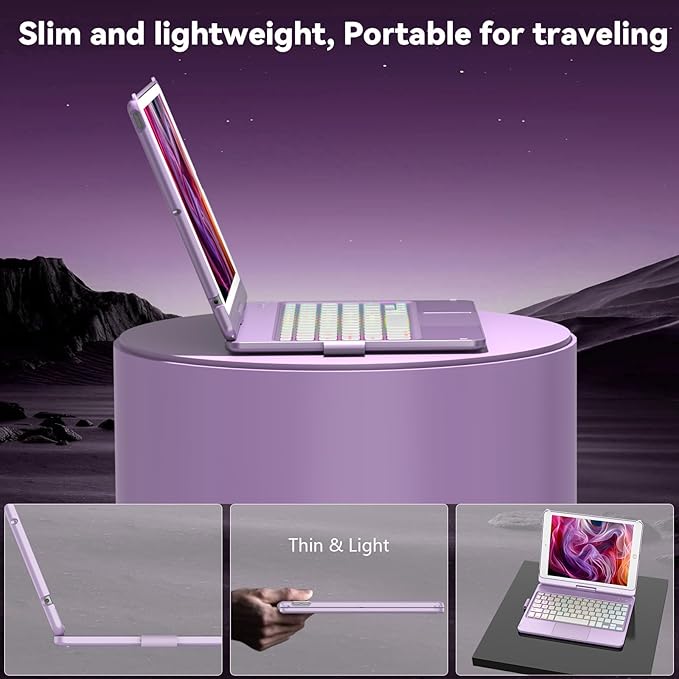 HOTLIFE Case with Keyboard for iPad 10.2,Touch Trackpad Keyboard Case for iPad 9th Generation/8th/7th Gen, 10 Corlor Backlit - 360° Rotatable Protective Cover with Pencil Holder
