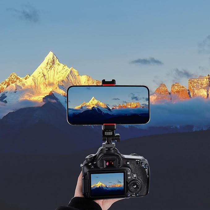 Phone Tripod Mount Adapter, with Cold Shoe&1/4" Hole for Tripod/Selfie Stick/Camera Stand, 360° Rotates Adjustable Phone Clip Clamp Holder for iPhone/Samsung/All
