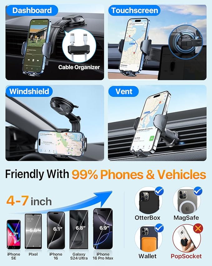 HTU Upgraded Strongest Suction Car Phone Holder Bendable Arm, Never Block View Rotatable Cellphone Mount for Dashboard Windshield Vent, Cradle Stand for iPhone 16 15 14 13 12 Pro Max (Red)