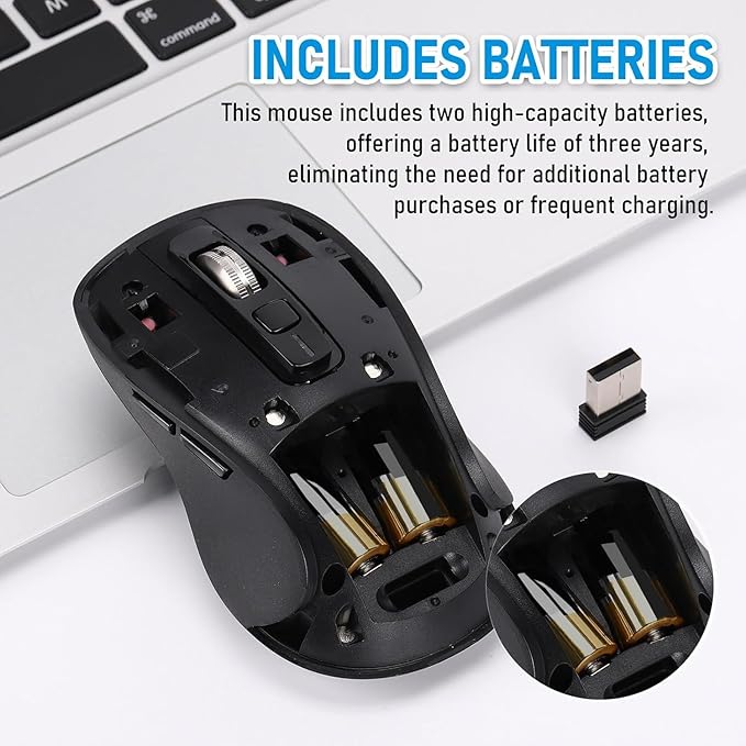 Wireless Mouse, Full-Size Silent Mouse, 36-Month Battery Life, 4 Way Navigation, 1000-3000 Adjustable DPI, 2.4GHz USB-A Receiver for Computer, Laptop, PC, Chromebook, Notebook