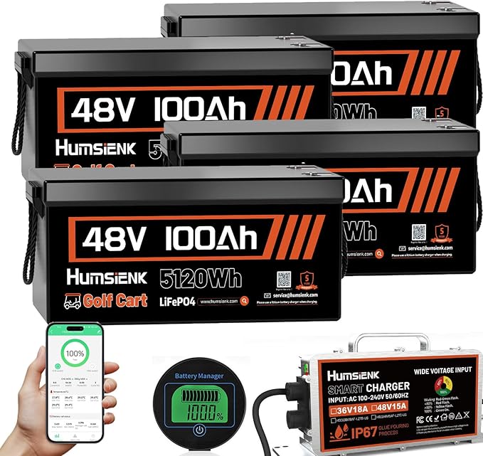 4PCS 48 Volt Lithium Battery for Golf Cart with 48V 15A Charger, 100A Lifepo4 Batterys Built-in Bluetooth 5.0 & 200A BMS, 15000+ Deep Cycle Lithium Battery, 42-58 Mile Ranges for Golf Cart