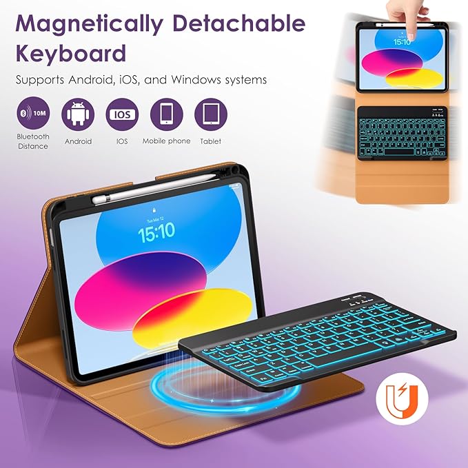 DTTO for iPad 11th (A16)/ 10th Generation Case with Keyboard (2025/2022), 7 Colors Backlit Wireless Detachable Keyboard Leather Folio Cover with Pencil Holder & Pocket, Deep Purple