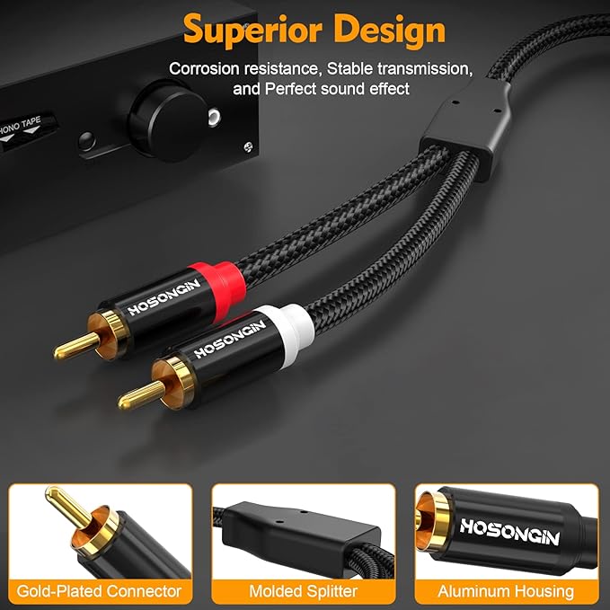 HOSONGIN RCA Cables 6.6ft 2 Pack[Hi-Fi Sound, Nylon Braided, Shielded], 2-Male to 2-Male RCA Audio Stereo Subwoofer Cable Auxiliary Cord for Home Theater, HDTV, Amplifiers, Hi-Fi Systems, Speakers