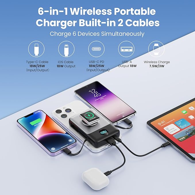 Magnetic Portable Charger 10800mAh for iPhone with Built-in Cables, 6-in-1 Wireless Power Bank with iWatch Charger, LCD Display 25W PD Fast Charging Battery Pack for iPhone 16/15/14/13/12, Apple Watch