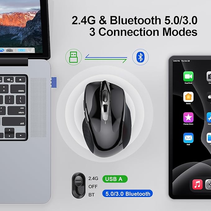 TECKNET Wireless Mouse (BT5.0/3.0 & 2.4G) Rechargeable 4800 DPI Silent USB A & Bluetooth Mouse 6 Buttons, Wide Compatibility - Black