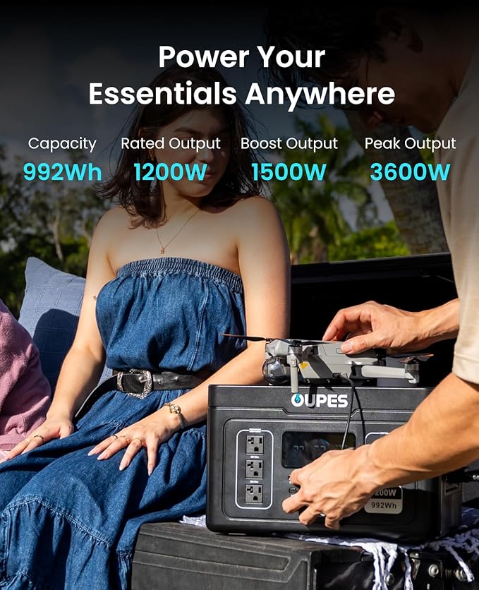 OUPES Exodus 1200 Solar Generator with 100W Panels Included, – 992Wh 1200W LiFePO4 Battery Power Station with Dual PD 140W Type-C, Smart App Control, UPS, Ideal for Camping, RV, Home Emergency