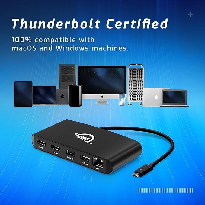 OWC Thunderbolt mini Dock, Bus-Powered 5-Port Multi-Adapter with Dual 4K HDMI, Dual USB, Gigabit Ethernet, Integrated 7.2-inch TB Cable, for TB (USB-C) Equipped Mac and PC