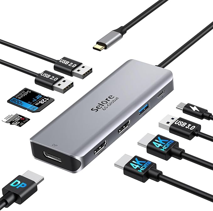 USB C Docking Station Dual Monitor, 9 in 1 Triple Display Docking Station to Dual HDMI Adapter Displayport SD TF Card Reader 2USB 2.0, 1 USB 3.0, 100W PD for USB C Thunderbolt 3/4 Laptops