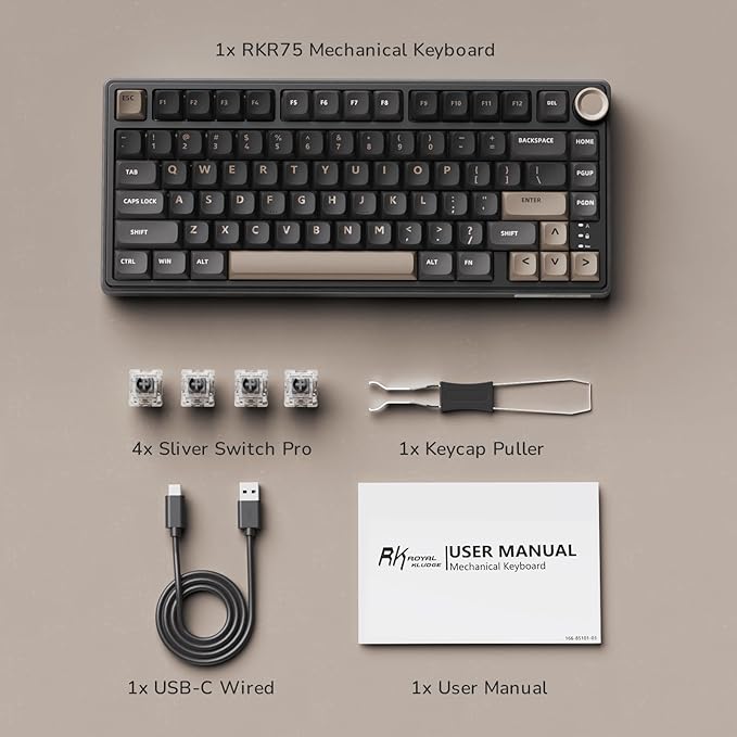 RK ROYAL KLUDGE R75 Wired Gaming Keyboard with Volume Knob, 75% Mechanical Gaming Keyboard Custom Gasket Mount with MDA Profile PBT Keycaps, QMK/VIA, Hot Swappable Silver Switch, Black