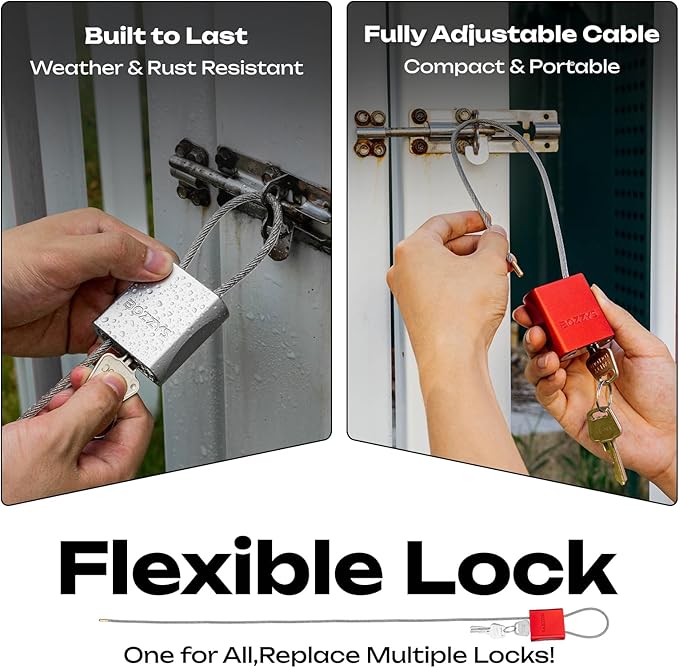 Cable Lock with 3 Keys | L 6.56ft(2m),D 1/6in(4mm) Adjustable Steel Cable Padlock | Aluminum Locks for Bikes, Gate, Lockers & Outdoor Gear | Weatherproof & Black
