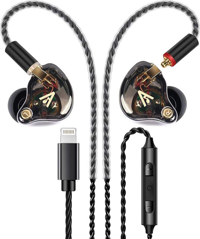 Vibes 202ML Wired Earbuds - HiFi in Ear Headphones - Noise-Isolating Ear Buds w/ Mic - Clear Sound, Deep Bass, Comfort-Fit Earphones - MMCX–Lightning for iPhone 5–14, Silver Plated Cord, Carrying Case
