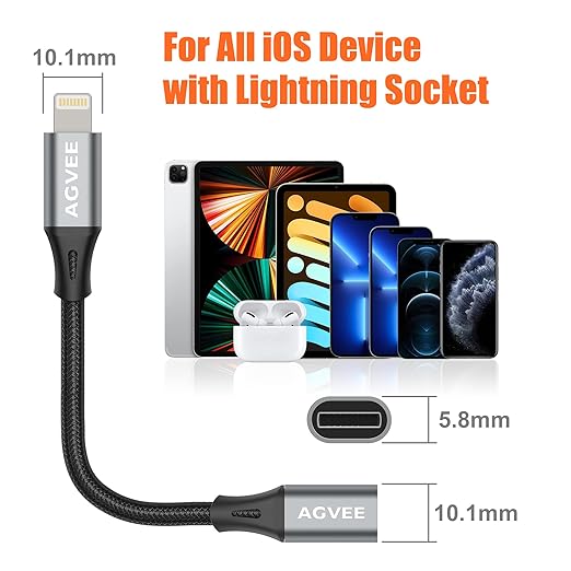 AGVEE 4 inch Lightning Extension Cable, Braided Female to Male Extender Full Function Cord Compatible with iPhone iPad, Data Sync Video Audio & Charging Connector Adapter, Dark Gray