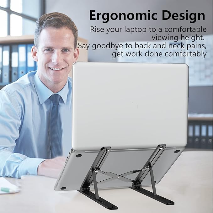 Laptop Stand for Desk, Adjustable Laptop Riser ABS+Silicone Foldable Portable Notebook Holder, Ventilated Cooling Notebook Mount Computer Stand for 10-15.6” Laptops,Tablets-Black