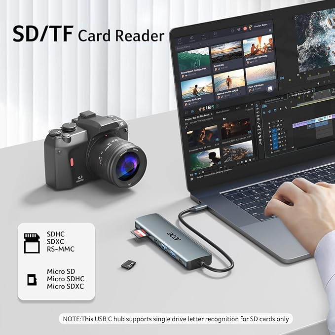 Acer USB C Hub, 7 in 1 USB C to Multi-Port Adapter for Laptop, 4K USBC to HDMI Splitter with 2 USBA 3.1&Type-C Data Port, PD 100W Charging Port, SD Card Reader for Computer, Desktop and More