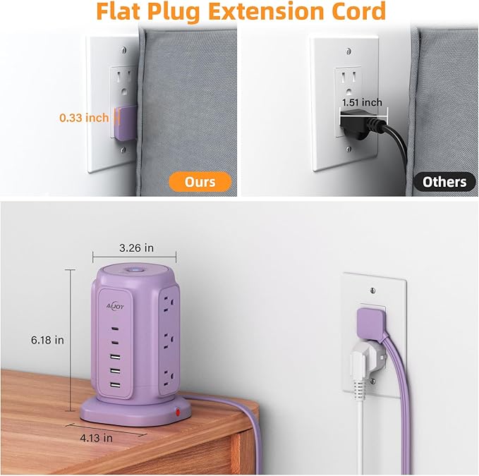 AiJoy Flat Plug Power Strip Tower with 9 Outlets and 5 USB Ports (2 USB C), 1200J Surge Protection with 1625W Extension Cord with Multiple Outlets for Dorm Home Office Supplies, Purple