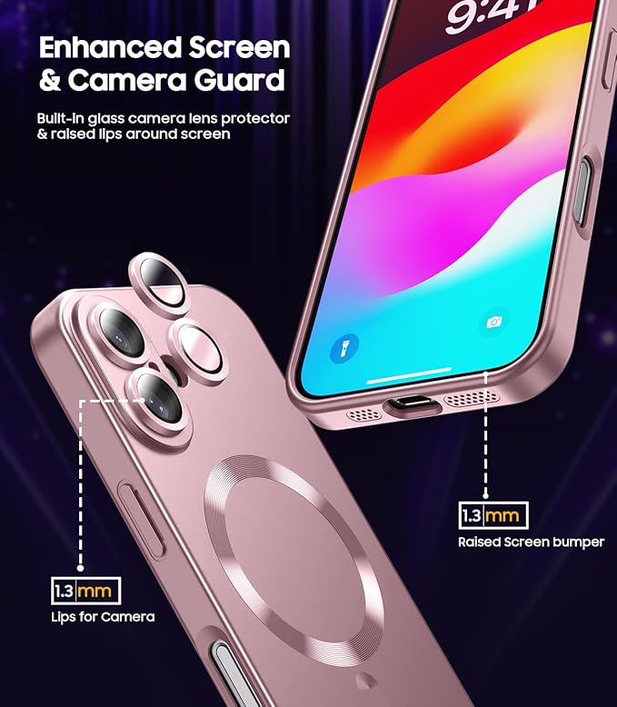 Magnetic for iPhone 16 Case [Compatible with MagSafe][Built-in Camera Lens Protector] Slim Soft Silicone Bumper Shockproof Metallic Luster Phone Case (Rose Gold)