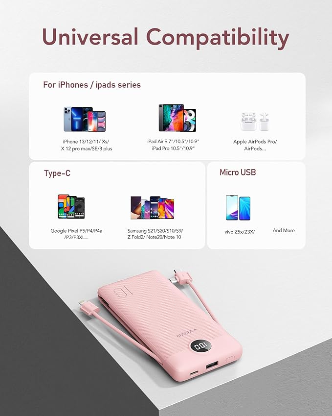 VEGER Portable Charger for iPhone with Built in Cables and Wall Plug, 10000mah Slim Fast Charging USB C Power Bank, Travel Essential Battery Pack Compatible with iPhone, iPad, Samsung etc(Crepe)