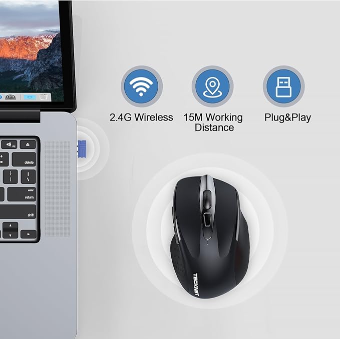 TECKNET Wireless Mouse Rechargeable, 2.4G USB-A Silent Mouse, Quiet Click, 6 Adjustable 4800 DPI, Cordless Computer Mice, Ergonomic Mice for Laptop, 6 Buttons for Chromebook, Ergo Grip - Black