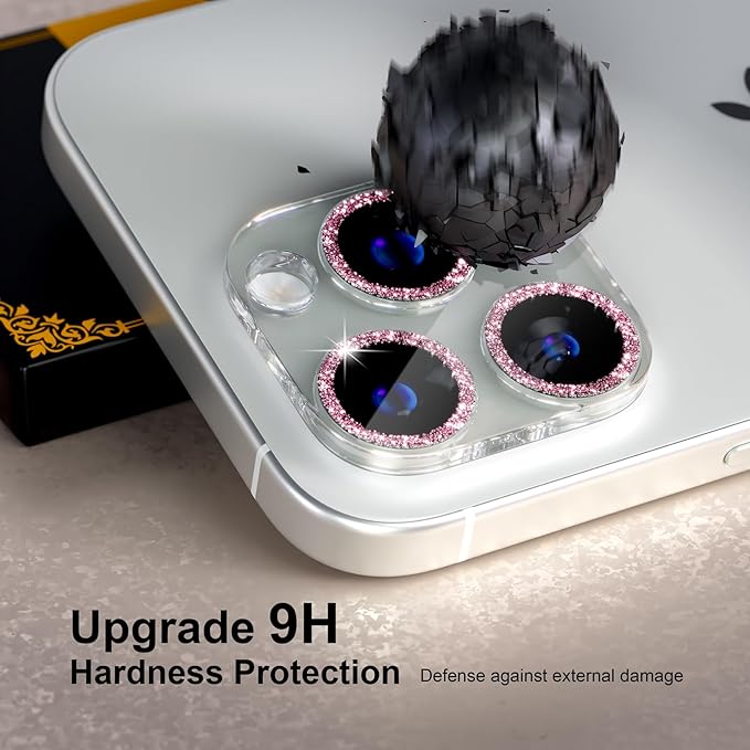 beuxece for 6 Pack iPhone 16 Pro/iPhone 16 Pro Max Camera Lens Protector [Drop Protection] [Case Friendly] [Easy Installation] 9H Tempered Glass Camera Screen Protector Cover, Glitter Pink