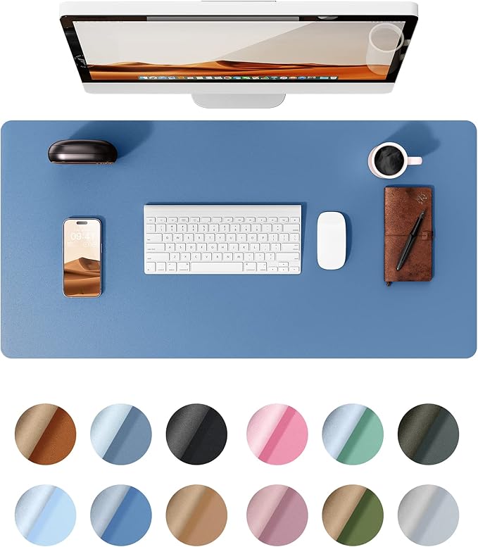 YSAGi Leather Desk Protector, Office Mat, Large Mouse Pad, Non-Slip PU Leather Blotter, Laptop Desk, Waterproof Writing Pad for Office and Home (Sea Blue, 35.4" x 17")