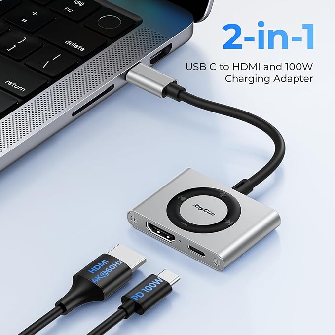 RayCue 2-in-1 USB C Hub, USB C to HDMI Adapter with HDMI 4K@60Hz & 100W PD Charging - Adapter for Laptop, MacBook, IPad (USB-C), iPhone 15/16, Tablets, Switch