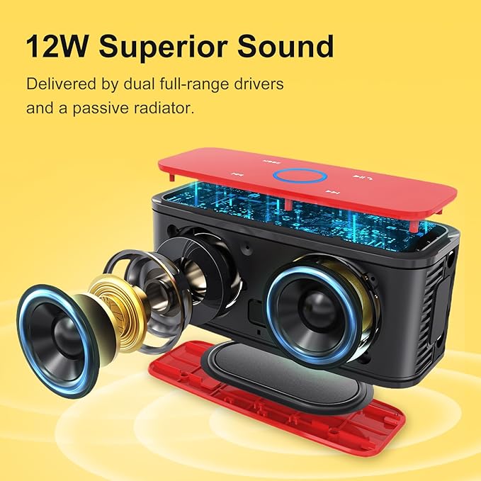 DOSS SoundBox Touch Wireless Bluetooth Speaker with HD Sound and Bass, IPX5 Water-Resistant, 20H Playtime, Handsfree, Portable for Office, Home, Outdoor, Travel-Red